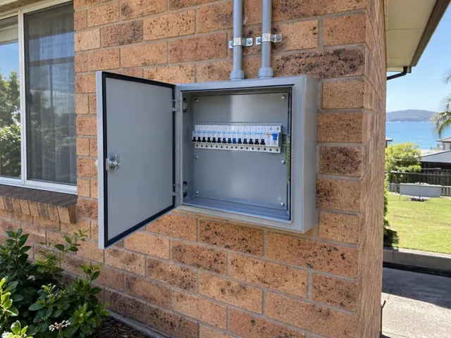 Open outdoor electrical switchboard on a brick house wall with breakers visible in Ettalong Beach